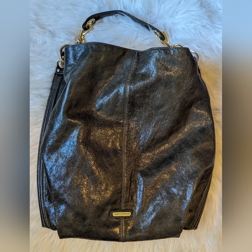EUC Rebecca Minkoff dark green shiny soft leather interior blue/blk polka dot
